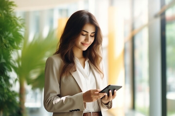 Obraz premium Mixed race young business woman using smartphone on green eco office background. Copy space for text