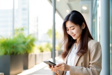 Fototapeta premium Mixed race young business woman using smartphone on green eco office background. Copy space for text
