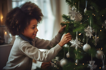 young black boy decorating Christmas tree
