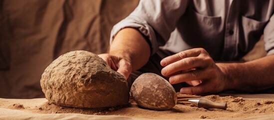 A paleontologist examines a fossil resembling a dinosaur egg in a desert using brushes With...