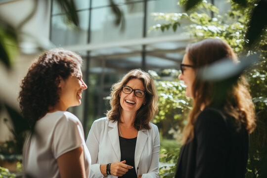 Group Of Young Mixed Race Happy Business Women Having Conversation And Presentation In Sunny Green Office.