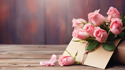 Pink roses in a paper envelope on a wooden table.
