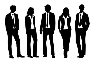 Vector silhouettes of  men and a women, a group of standing   business people, profile, black  color isolated on white background