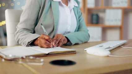 Person hands, writing schedule in notebook and planning, reminder or information at office with agenda and notes. Business, calendar or strategy with research, productivity with checklist and journal