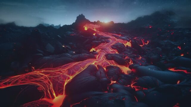 Lava flowing near volcano at night, glowing molten rocks, dramatic volcanic landscape	