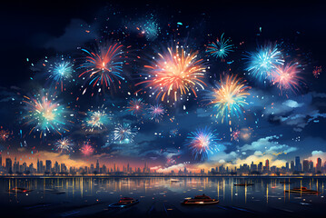 Beautiful fireworks display brightens the city and the dark evening sky. Flat colorful vector illustration. - obrazy, fototapety, plakaty