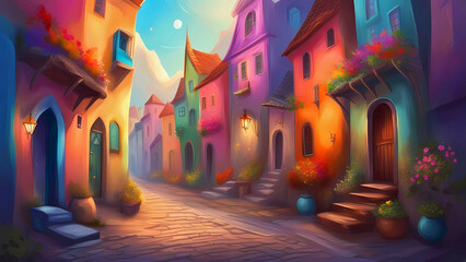 Fototapeta premium Fantasy art of an old town with colorful houses.