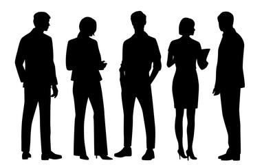 Vector silhouettes of  men and a women, a group of standing   business people, profile, black  color isolated on white background