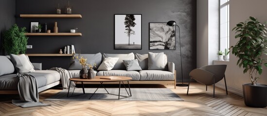 Wood and grey accents in a monochrome living room with a chevron rug With copyspace for text
