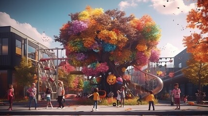 Colorful tree playground in the middle of city