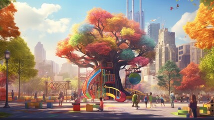 Colorful tree playground in the middle of city