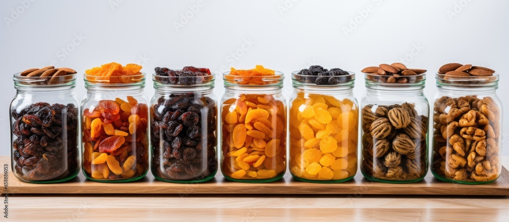 Poster assorted dried fruits in jars with copyspace for text