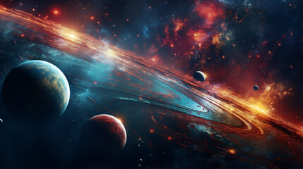 Planets over the nebulae in space.