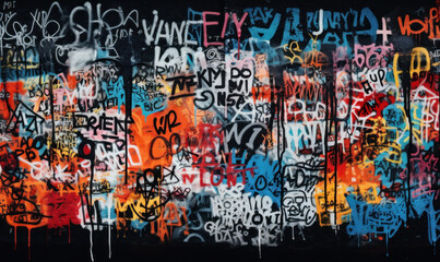 A black wall transformed by colorful graffiti tags, offering a street art-centric background wallpaper - obrazy, fototapety, plakaty