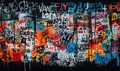 Foto op Aluminium A black wall transformed by colorful graffiti tags, offering a street art-centric background wallpaper © Maris