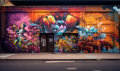 An alleyway is given new life with a graffiti mural that spans an entire wall, creating a...
