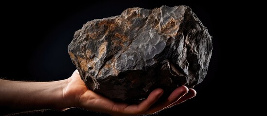 Miner holding a rough nugget of iron ore focusing on hematite stone With copyspace for text - obrazy, fototapety, plakaty