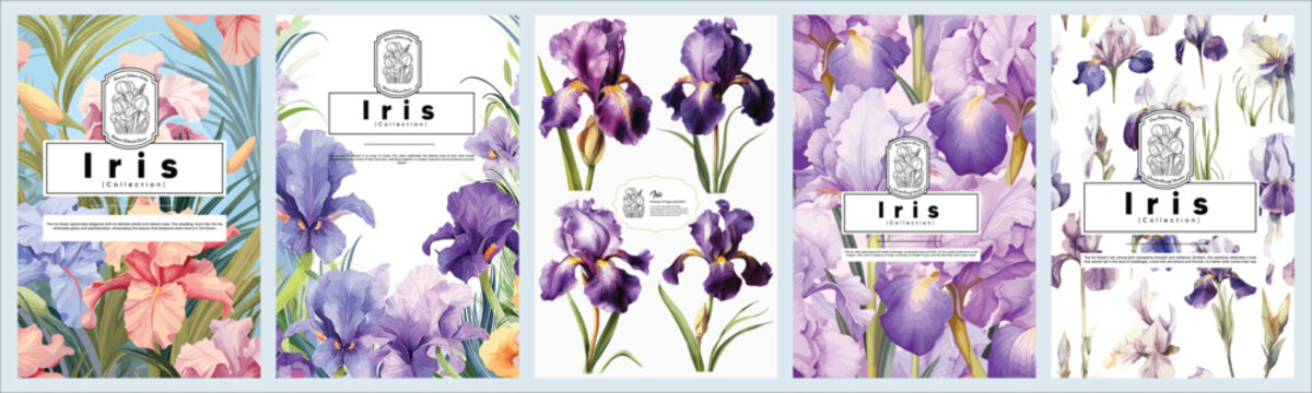Set of Elegant Iris, Realistic Vector Illustrations of Flowers, Leaves, and Plants for Backgrounds, Patterns, and Wedding Invitations.