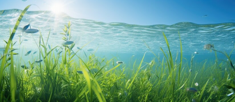 Underwater Mediterranean sea with seagrass and fish Posidonia oceanica and Sarpa salpa French riviera France With copyspace for text