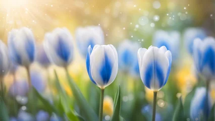 Foto op Plexiglas White and blue mixed tulips in the garden. © saurav005