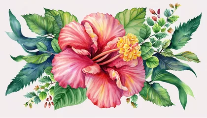 Behang Colorful hibiscus with green leaves © Dorothy Art