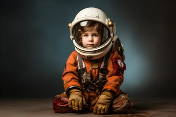 young boy astronaut portrait on blue studio background