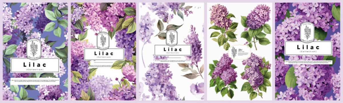 Set of Elegant Lilac, Realistic Vector Illustrations of Flowers, Leaves, and Plants for Backgrounds, Patterns, and Wedding Invitations.