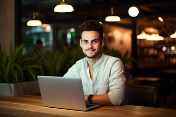 Beautiful young man working on a laptop computer, illustration for a digital nomad, freelancer or student with notebook at coffee place, looking in camera