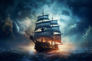 Fototapeta premium Epic Odyssey: Ship Sailing the Ocean of Clouds and Battling Fiery Tempests, Rendered with Realism, Fantasy Elements, and Dramatic Lighting