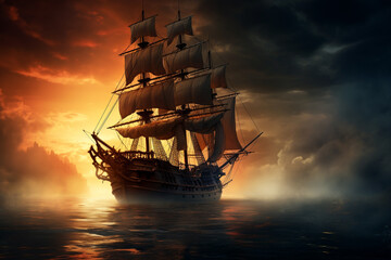 Epic Odyssey: Ship Sailing the Ocean of Clouds and Battling Fiery Tempests, Rendered with Realism, Fantasy Elements, and Dramatic Lighting