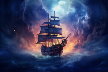 Obraz premium Epic Odyssey: Ship Sailing the Ocean of Clouds and Battling Fiery Tempests, Rendered with Realism, Fantasy Elements, and Dramatic Lighting