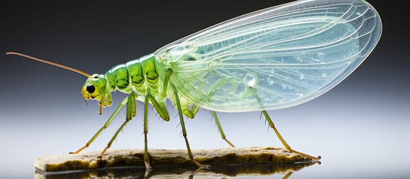 Green Lacewing Chrysoperla carnea naturally preys on a wide range of soft bodied insects such as aphids mealybugs thrips whiteflies scale and more With copyspace for text