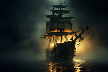 Fototapeta premium Epic Odyssey: Ship Sailing the Ocean of Clouds and Battling Fiery Tempests, Rendered with Realism, Fantasy Elements, and Dramatic Lighting