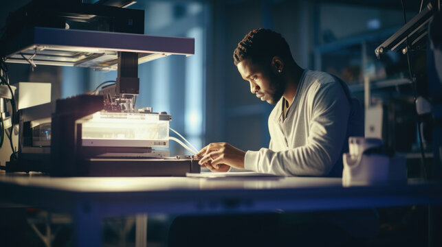 An engineer prints a prototype model on a 3d printer in a laboratory using equipment. Creativity, technology and 3d printing concept.