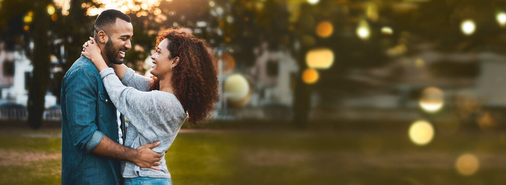 Park, Love And Happy Couple Relax, Hug And Outdoor Bonding, Romance And Connect On Nature Date. Natural Mockup Space, Eye Contact And Banner Man, Woman Or Marriage People Embrace, Smile And Trust