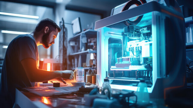 Engineer prints a prototype model on a 3d printer in a laboratory using equipment. The concept of creativity, technology and 3d printing.