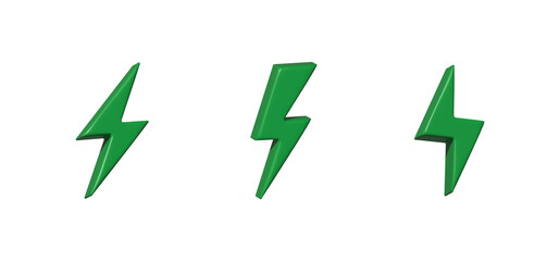 Realistic 3D green Lightning bolt icons different angel collections, electric power symbol transparent background.