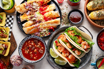 Mexican food, many dishes of the cuisine of Mexico.