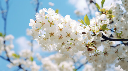White flowers of cherry blossom on cherry tree close up