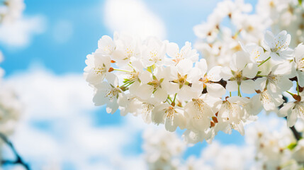 White flowers of cherry blossom on cherry tree close up