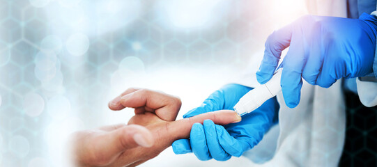 Doctor, test and blood sugar for diabetes on banner, bokeh and overlay with mockup for healthcare....