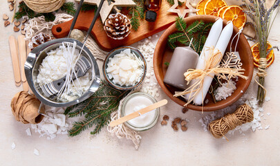 Christmas candle decoration with natural elements. Winter holidays.