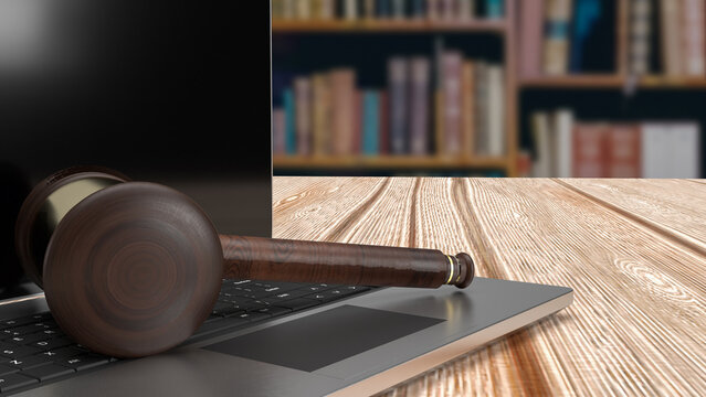 The hammer on notebook in Libraly Background  for law concept 3d rendering