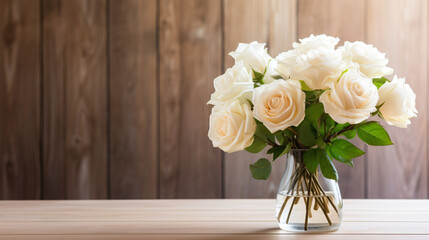 White sweet roses in soft light on a wooden background.