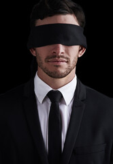 Dark, vision and a business man in a blindfold on a black background for control or censorship....