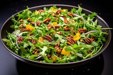 a salad with pecans and oranges in a bowl