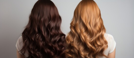 Fototapeta premium Gradually changing hair shades from light gold to brown on a girl s long curly hair in the back With copyspace for text