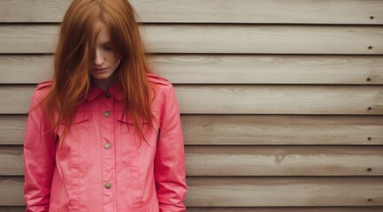 a woman with red hair standing in front of a wood wall