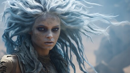 a woman with white hair and a grey face