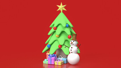 The Snowman and Christmas tree for holiday concept 3d rendering